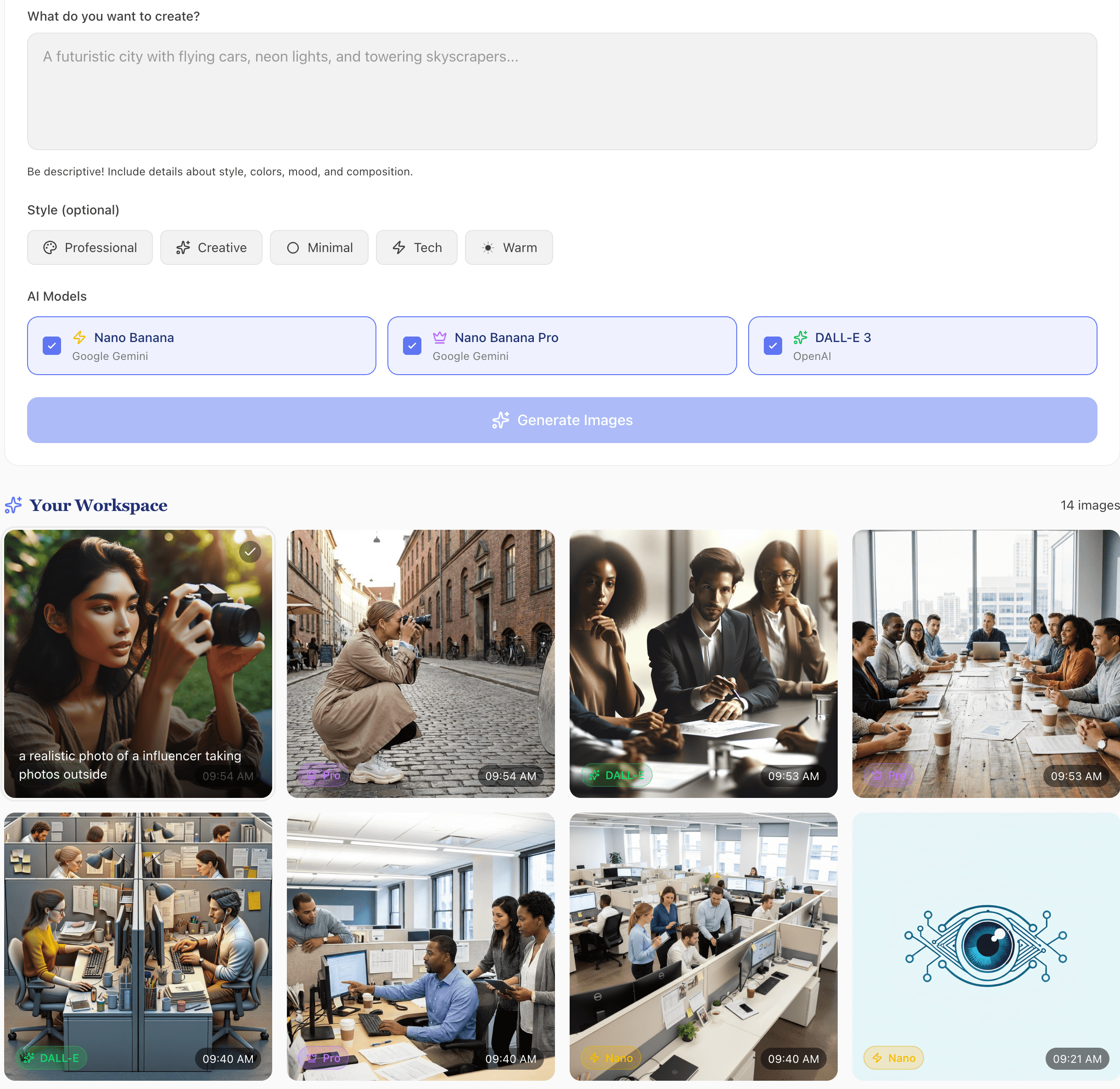 Gallery of AI-generated images showing diverse examples including professionals, influencers, and creative artwork